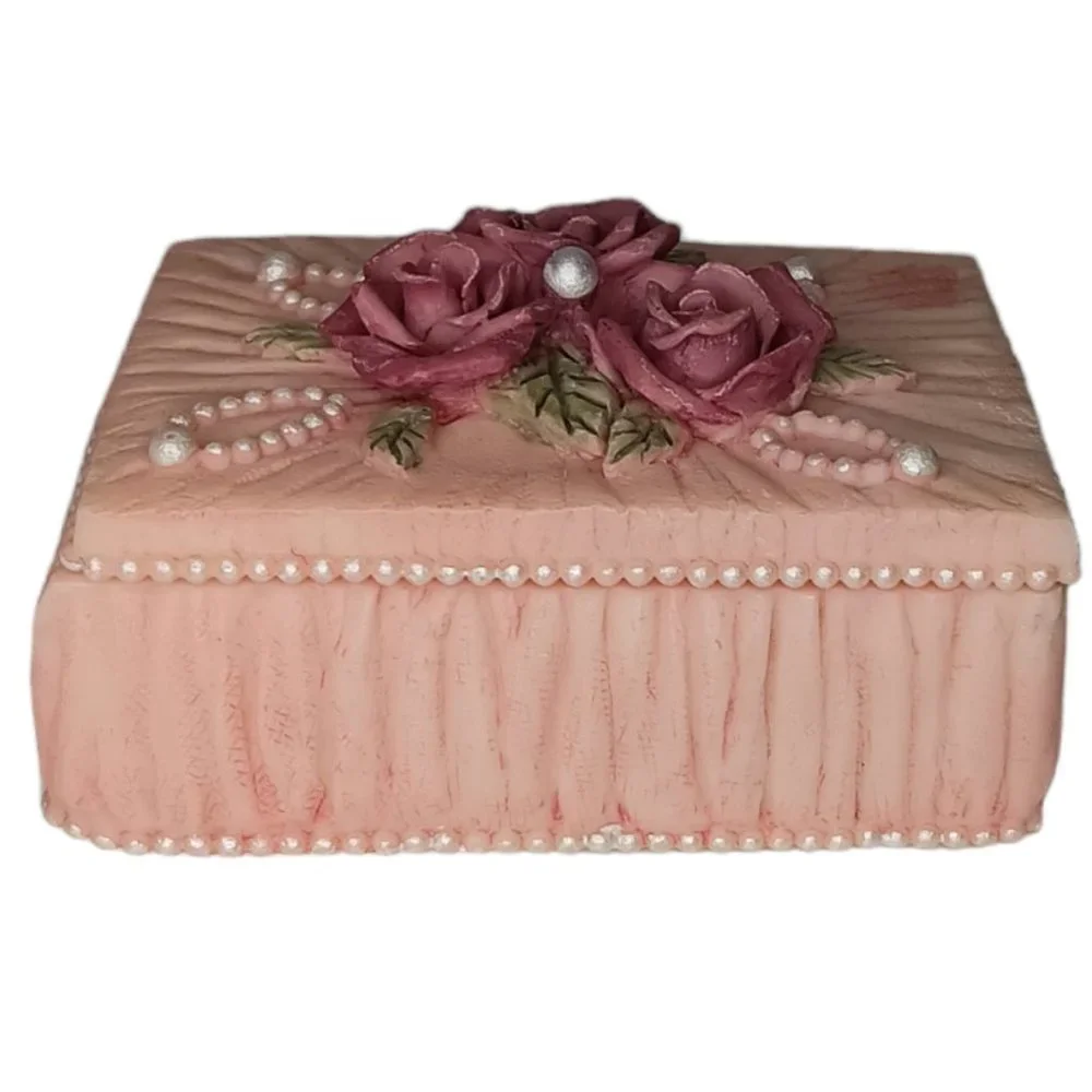 Dezine Pink Rose Pearl Ceramic Trinket Jewelry Box Vintage